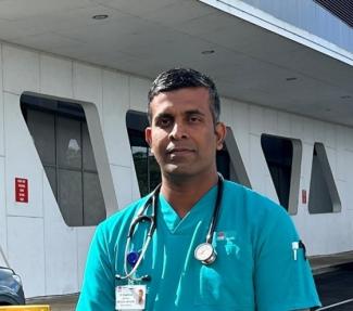 Dr Buddhika Herath standing outside of Lismore Base Hospital